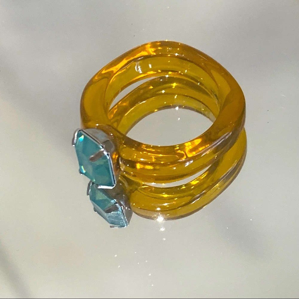Tan Acrylic Blue Gemstone Statement Ring Size 7